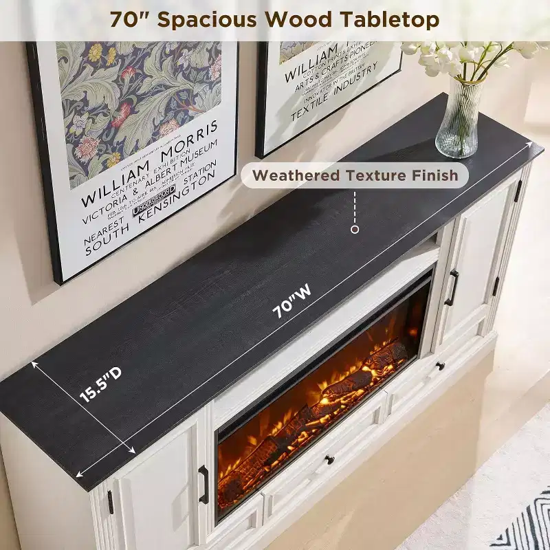 35.7 Tall Fireplace TV Stand for 80 Inch TV with 36 Electric Fireplace, Farmhouse Entertainment Center with Cabinets & Drawers