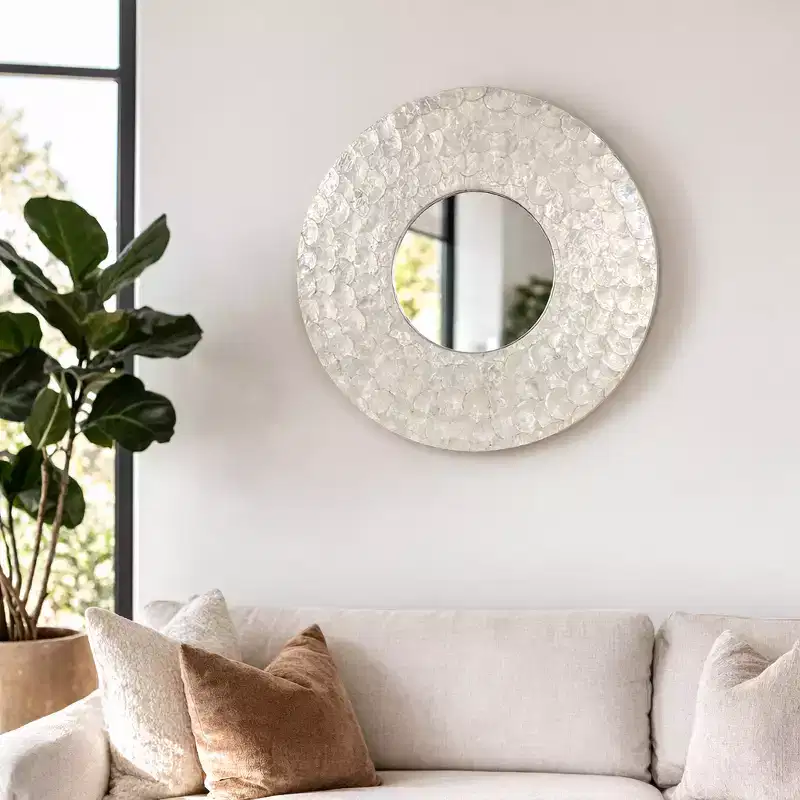 Modern Round Capiz Wall Mirror for Bedroom Decor - Decorative Mirror Frame for Bathroom, Entryway, or Hallway Wall Display - 27, Ivory