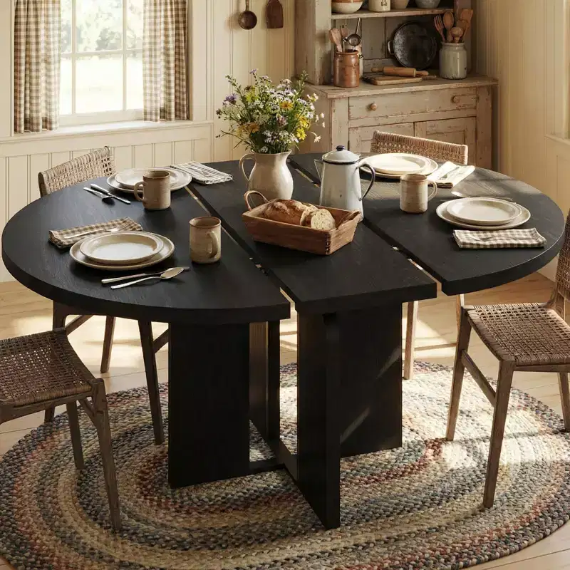 47-63 Extendable Round Dining Room Table for 4-8, Farmhouse Wooden Kitchen Table w/ Wider Leg, Metal Support, Oval Circle, for Dinner, Kitchen