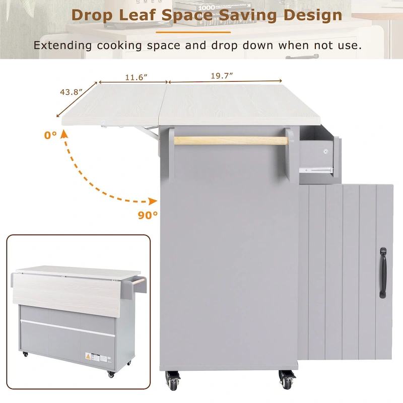 51 in. W Rolling Kitchen Island Cart with Drop Leaf and Tilt-out Trash Can