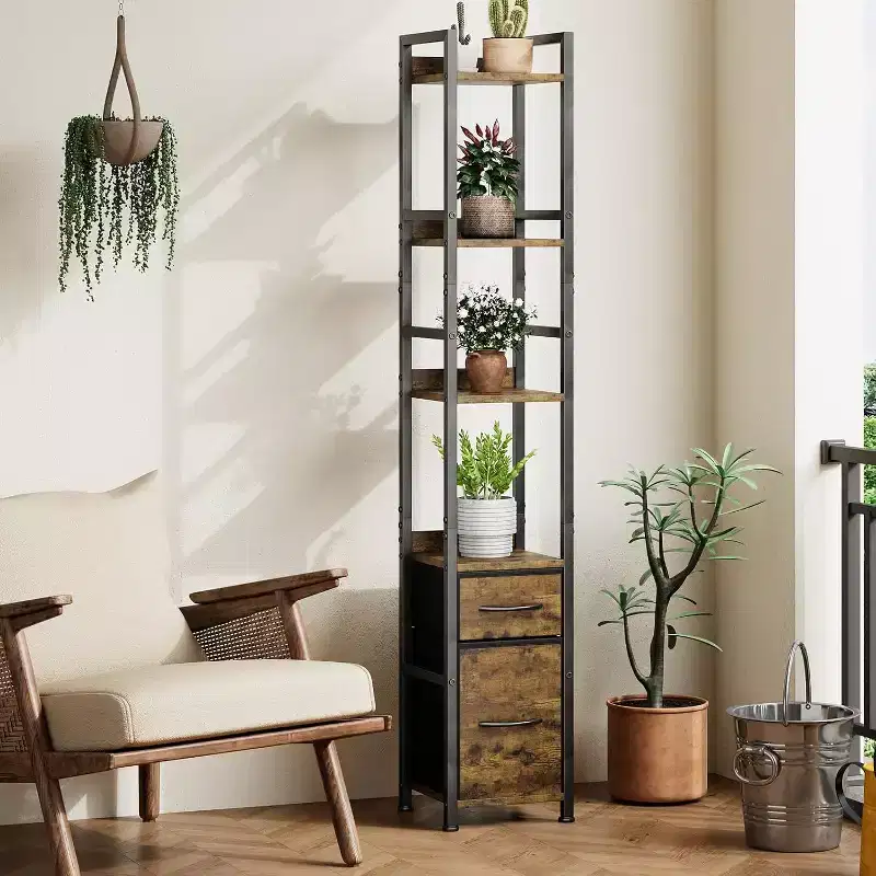 MDF & Metal 6-Tier Bookshelf with 2 Fabric Drawers 11.81''W x 59.45''H