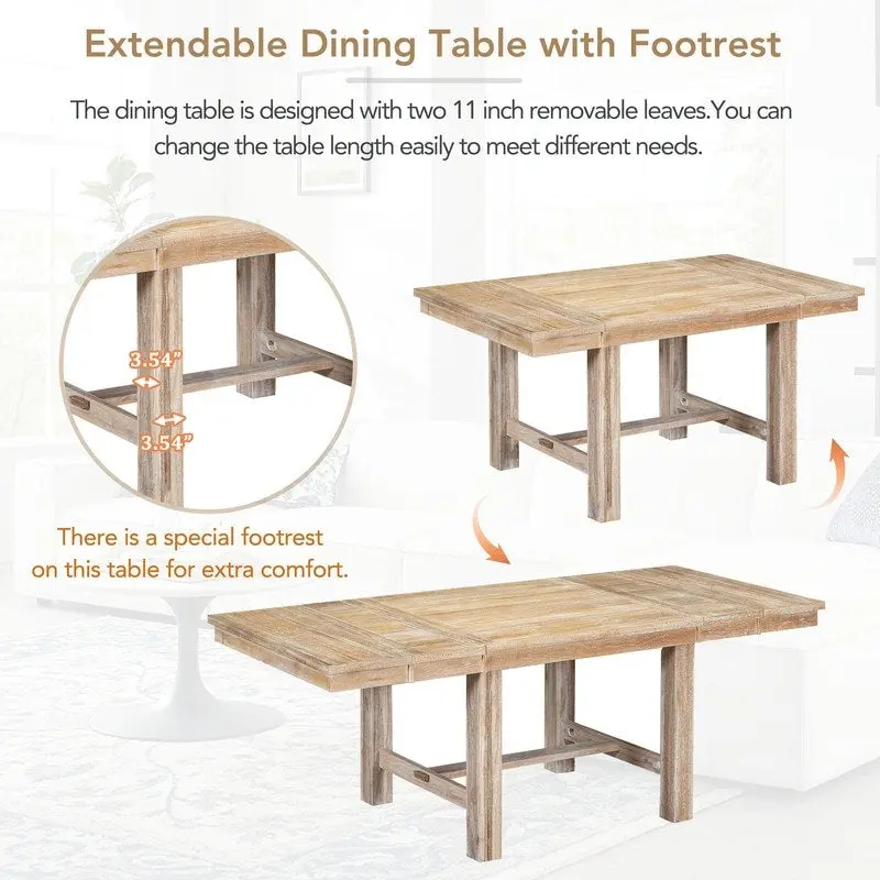 6-Piece Dining Kitchen Table Set, Extendable Wood Dining Table, 4 Upholstered Dining Chairs and Bench, Two 11 Removable Leaf