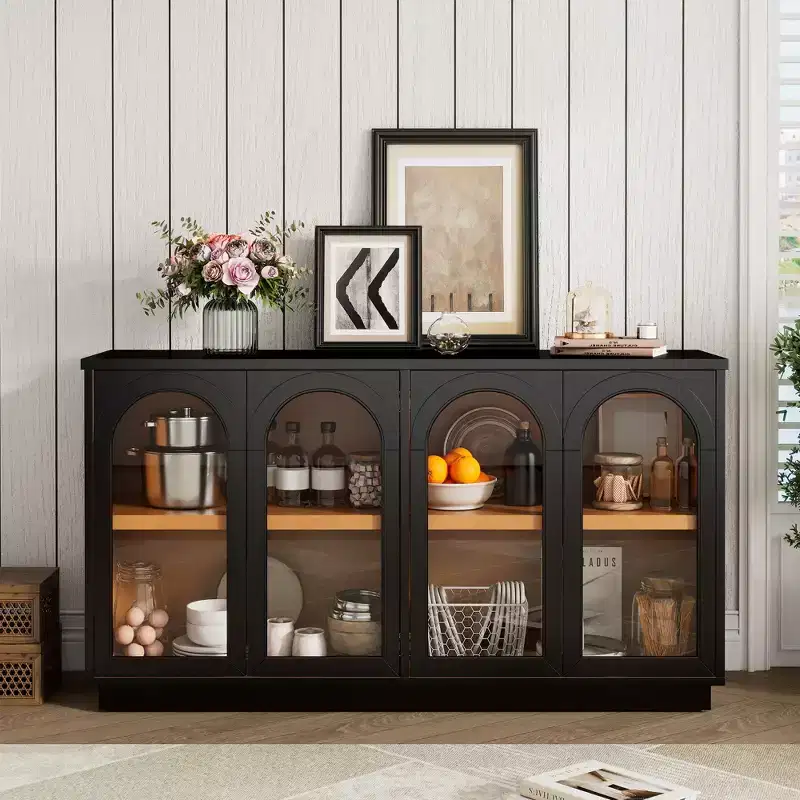 Country Style Sideboard Storage Cabinet with 4 Arched Glass Doors and Adjustable Shelves, Wooden Buffet Cabinet