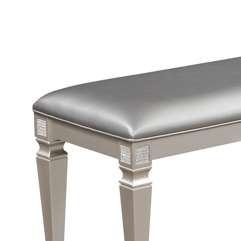 60 Inch Dining Bench, Sparkling Silver Gray Faux Leather, Wood Frame