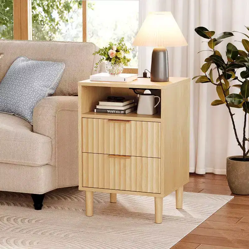 2 Drawer Oak P2 MDF Nightstand Grid Panel 1 Shelf 15.7x13.8x23.6 Inch
