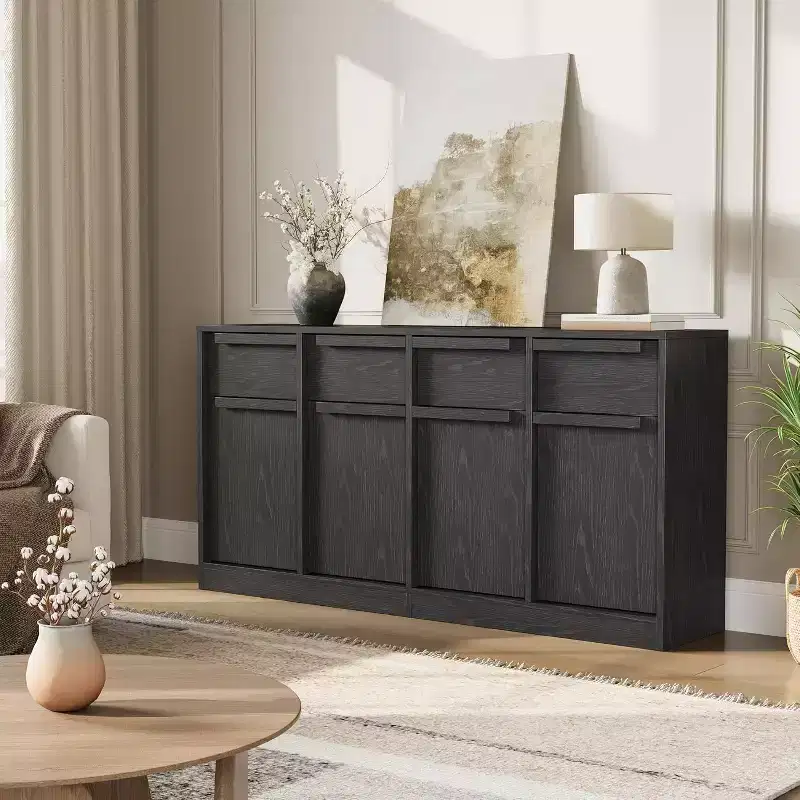 62.4 Sideboard Buffet Cabinet, Large Coffee Cabinet with 4 Doors & 4 Drawers, Modern Storage Cabinet with Adjustable Shelves,Wood Coffee Bar Station