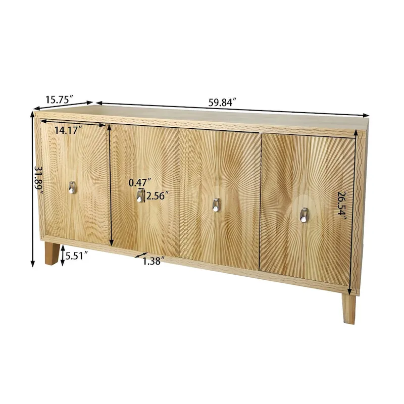 Vintage Natural 4-Door Storage Cabinet with Carved Pattern, Adjustable Shelves, and Large Buffet for Living Room