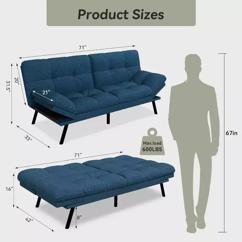 Dyonery 71 Memory Foam Futon Couch with Detachable Cushion Convertible Futon Sofa Bed,Adjustable Backrest & Armrest,Sleeper Recliner for Living Room