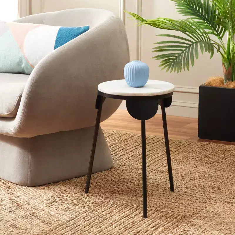 Round White Marble Accent Table, Black Powder-Coated Iron Legs, 60 lb Capacity