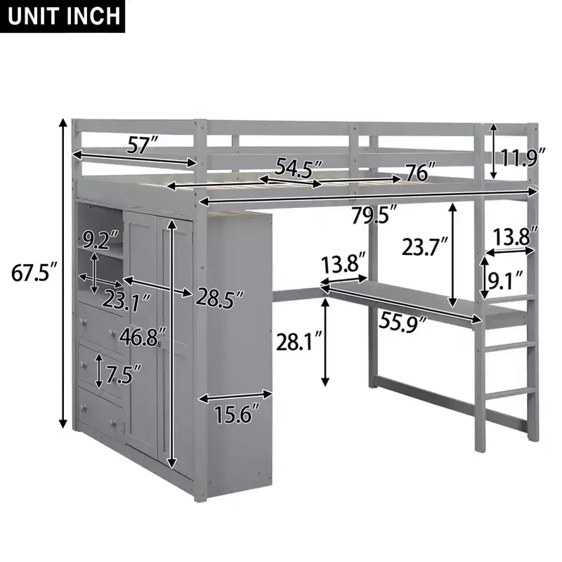 Full Size Loft Bed with Wardrobe and Desk, Wood Loft Bed Frame with Storage Shelves and Drawers for Kids Teens Adults