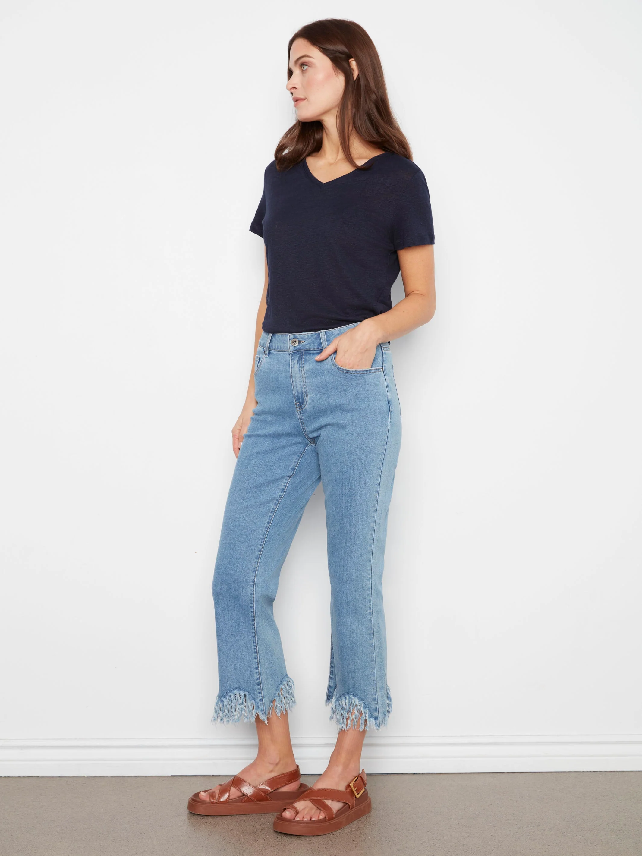 Cropped Jeans With Fringed Hem - Blue Jean