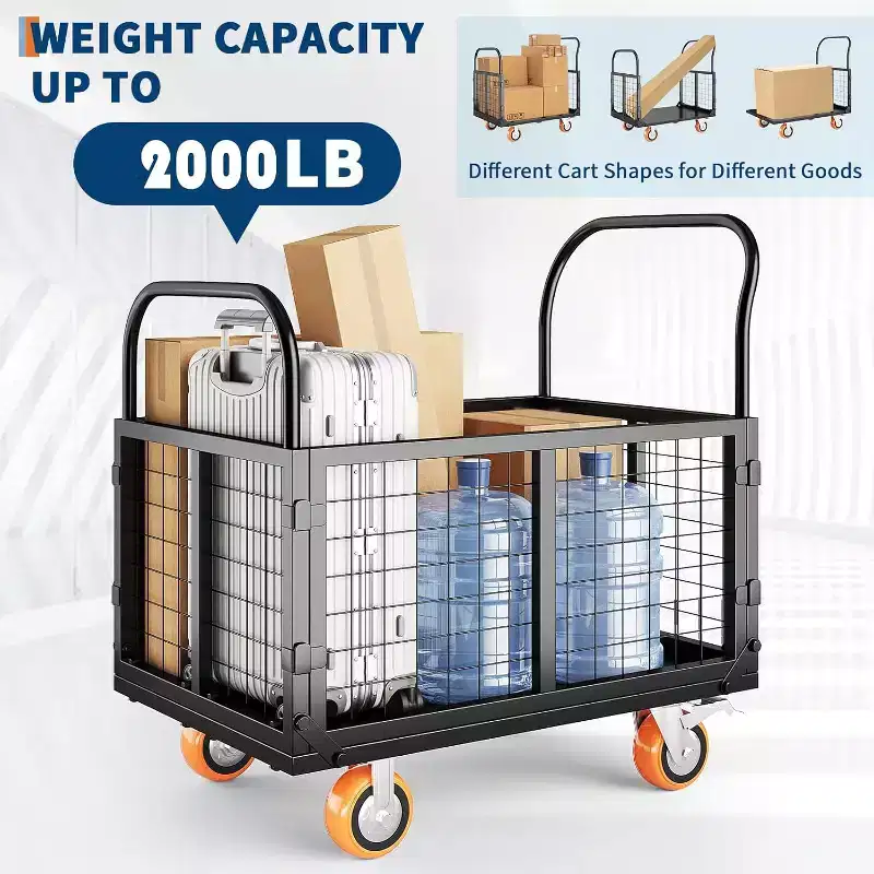 COZONY Platform Truck Cart with Cage, Hand Moving Cart 2000LBS, 6-in-1 Folding Hand Truck Cage Carts w/ Basket for Warehouse Moving,39 x 24in,Black