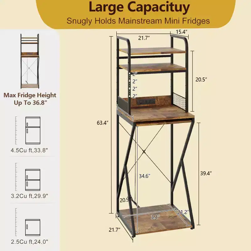 4-Tier Mini Shelf with Power Outlet and Storage  Mini Fridge Stand, Microwave Oven Stand Table, Bar Cabinet, for Kitchen, Living Room, Office