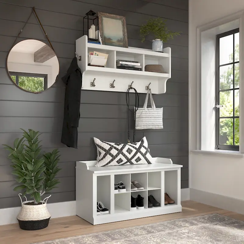 Woodland 40W Shoe Bench w/ Shelves & Wall Coat Rack by Bush Furniture