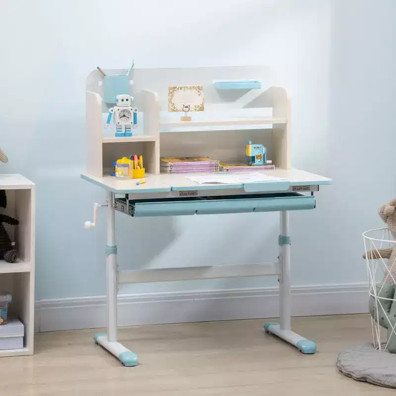 Wooden Kids Desk,Childrens Writing Desk with Height Adjustable & Tilt Desktop,Storage Shelf & Drawer,Student School Table for Ages 3-12