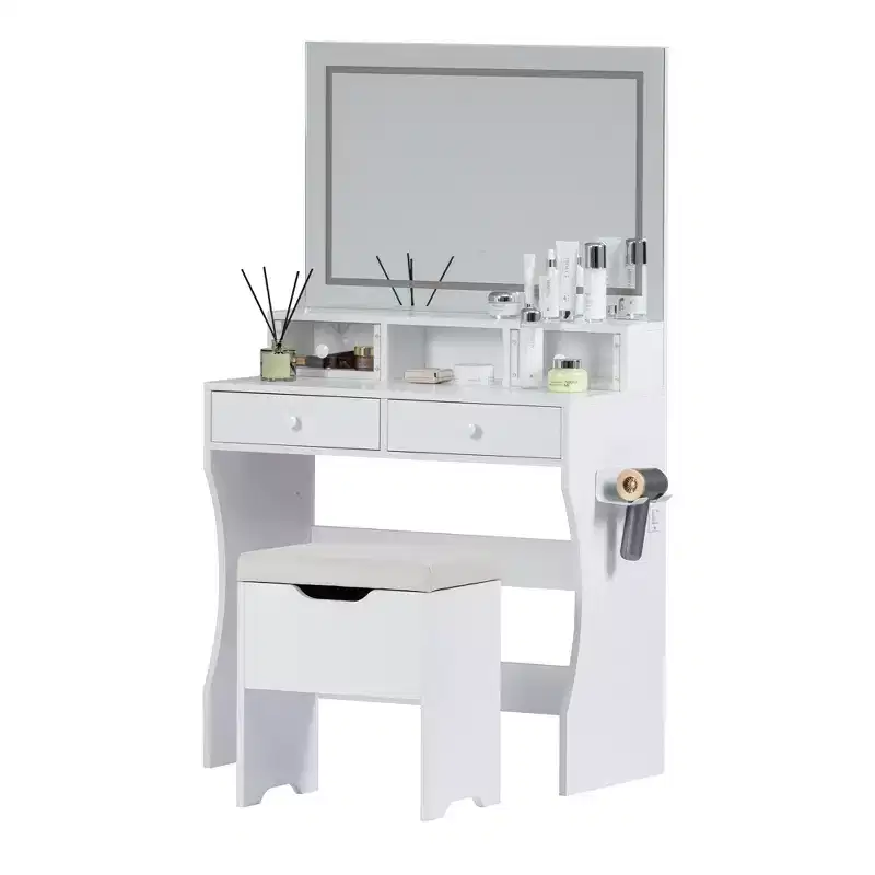 VECELO Vanity Desk with LED Lighted Mirror & Power Outlet, Makeup Table with 4 Drawers & Storage Stool, Adjustable 3 Lighting Modes for Bedroom
