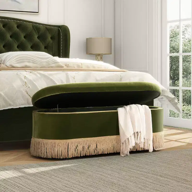 Okak Vintage Pull-Open Top Velvet Tufted Button Ottoman Bench with Bullion Fringe,Oval Upholstered Storage Ottoman for Bedroom,Entrance