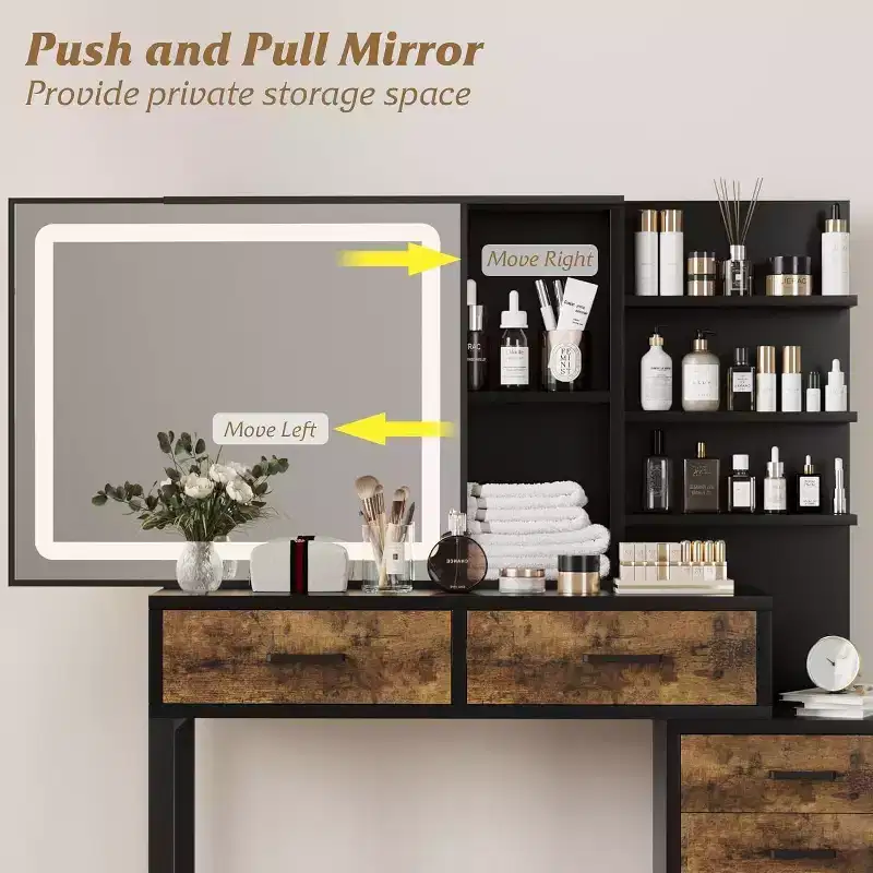 Vanity Desk with Mirror and Lights, Makeup Vanity Desk with Sliding Lighted Mirror, 3 Lighting Modes, 5 Large Drawers and 3 Tiers, for Bedroom, Black