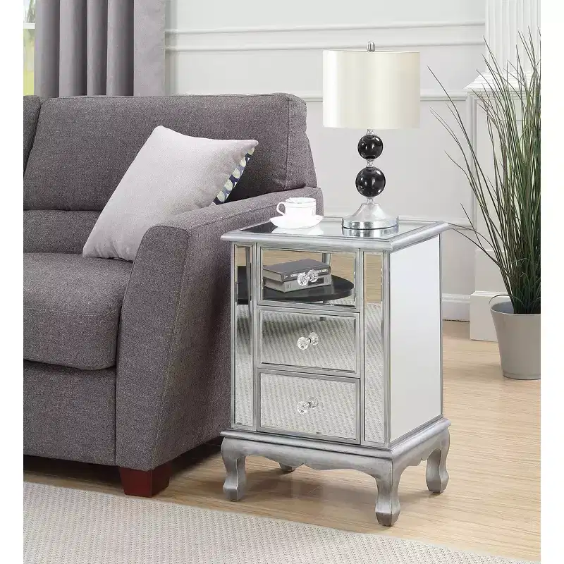Mirrored 3-Drawer End Table with Silver Frame, 24.75