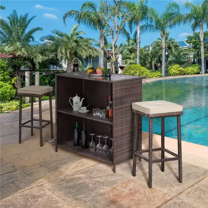 Yaheetech 3-Piece Outdoor Bar Set Rattan Wicker Patio Furniture Set Brown