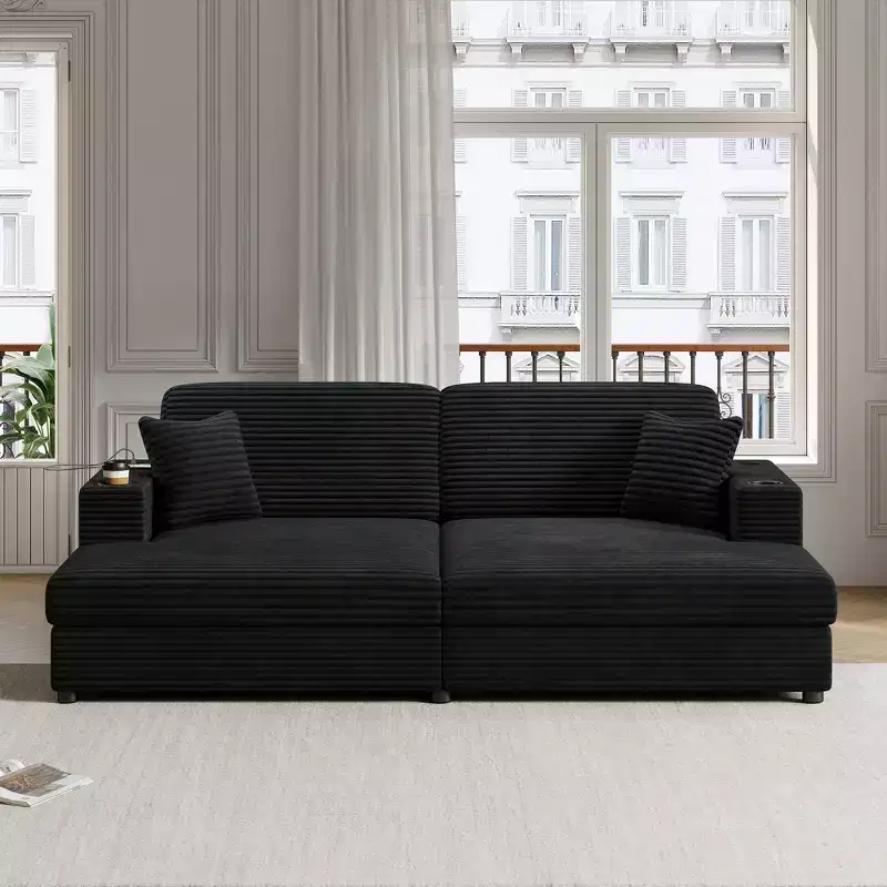 Whisen 86 Oversized Loveseat Chaise Lounge Sectional Sofa Bed with USB Ports, Cup Holders and Throw Pillows