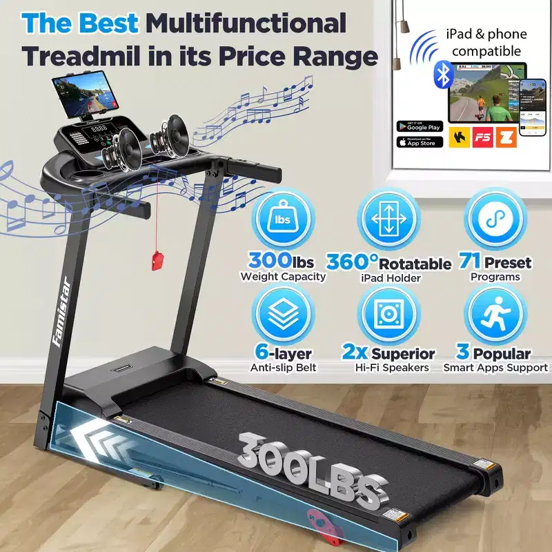 Treadmill for Home, Portable Folding Electric Exercise Treadmill with Adjustable Incline, APP Control, 64 Programs, 300 lb Capacity, 7.5MPH