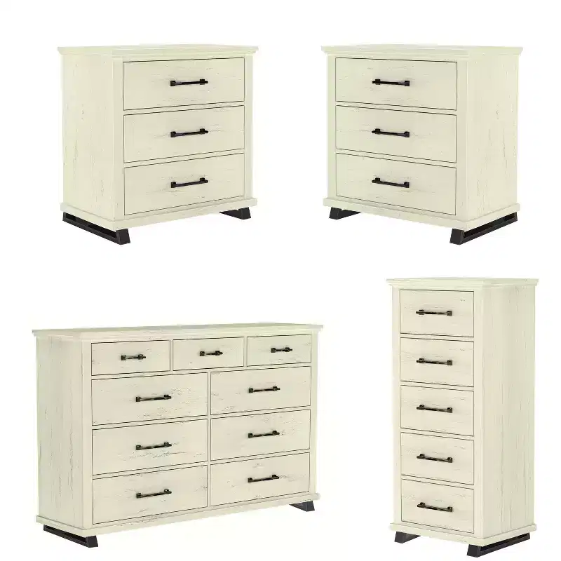 Festivo 4pc Contemporary Bedroom Chest and Dresser and Nightstand Set Saw Cut Off-White: Modern Design, MDF, Metal Base