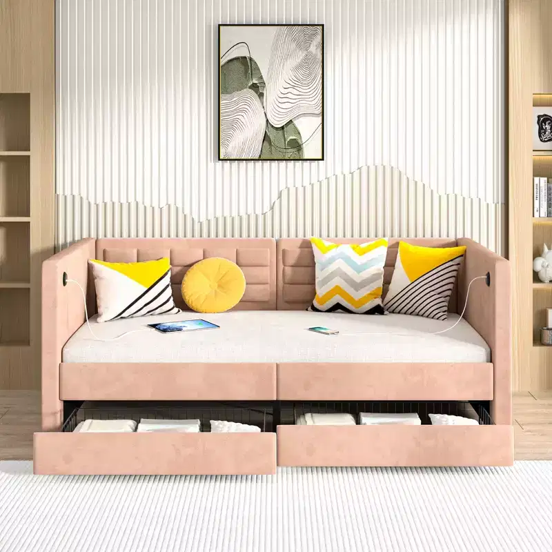 VECELO Twin Daybed with Storage Drawers, Upholstered Day Bed with Button Tufted headboard for Living Room/Bedroom, Built-in USB & Type C Ports, Brown