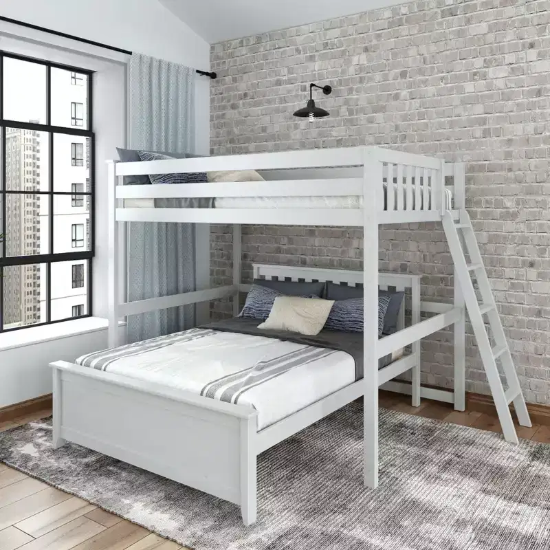 L-Shaped Full over Full Bunk Bed with Ladder on End