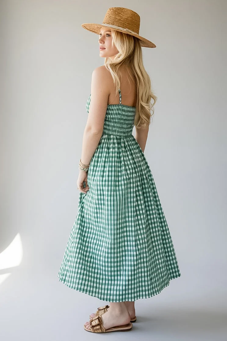 Green Gingham Sweetheart Midi Dress