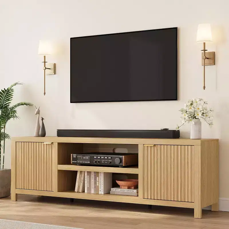 Storage TV cabinet, wooden media console cabinet with ripple doors and golden handles, suitable for living room and bedroom