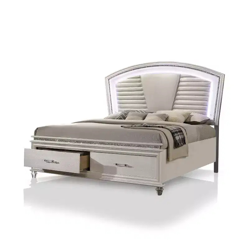 California King Foye 2 Drawer Platform Bed White: LED Light, Faux Crystal, Modern Design