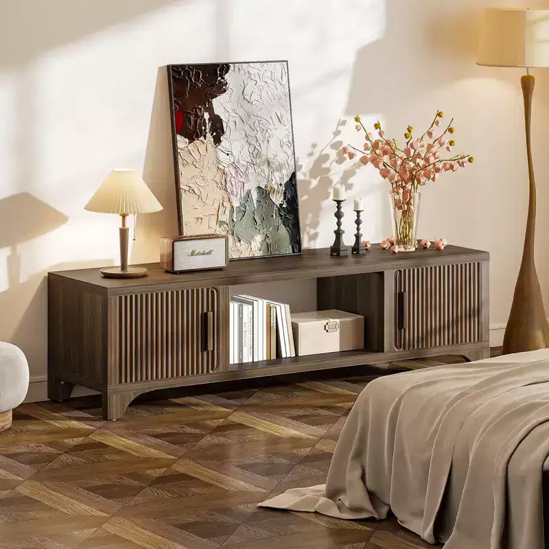 Mid Century Modern TV Stand for 55–65 Inch TVs, Boho Media Console with Fluted Doors, Storage Cabinets & Open Shelf