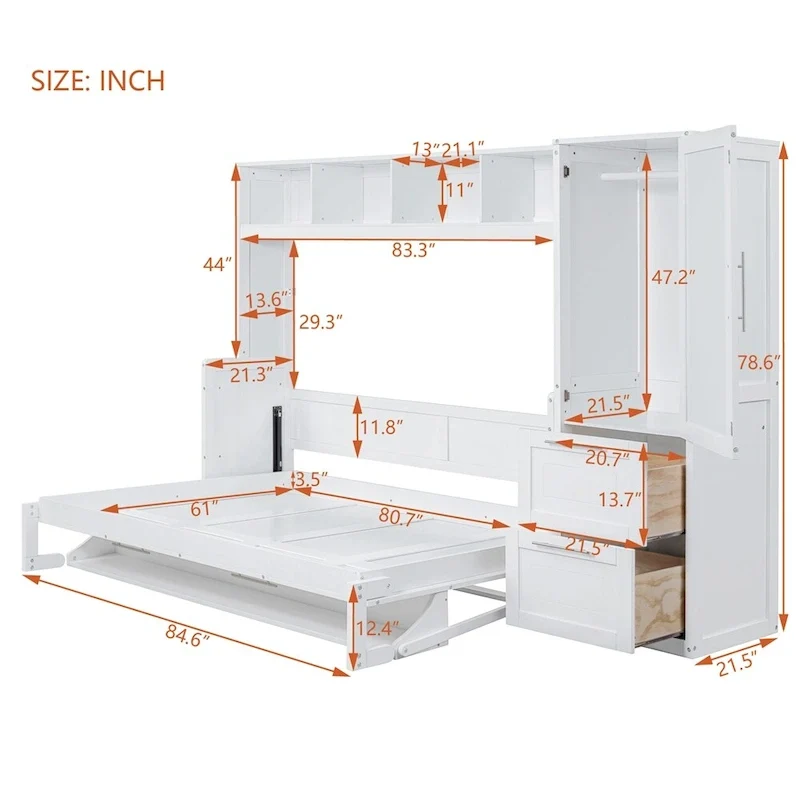Queen Size Murphy Bed Wall Bed with Closet and Drawers