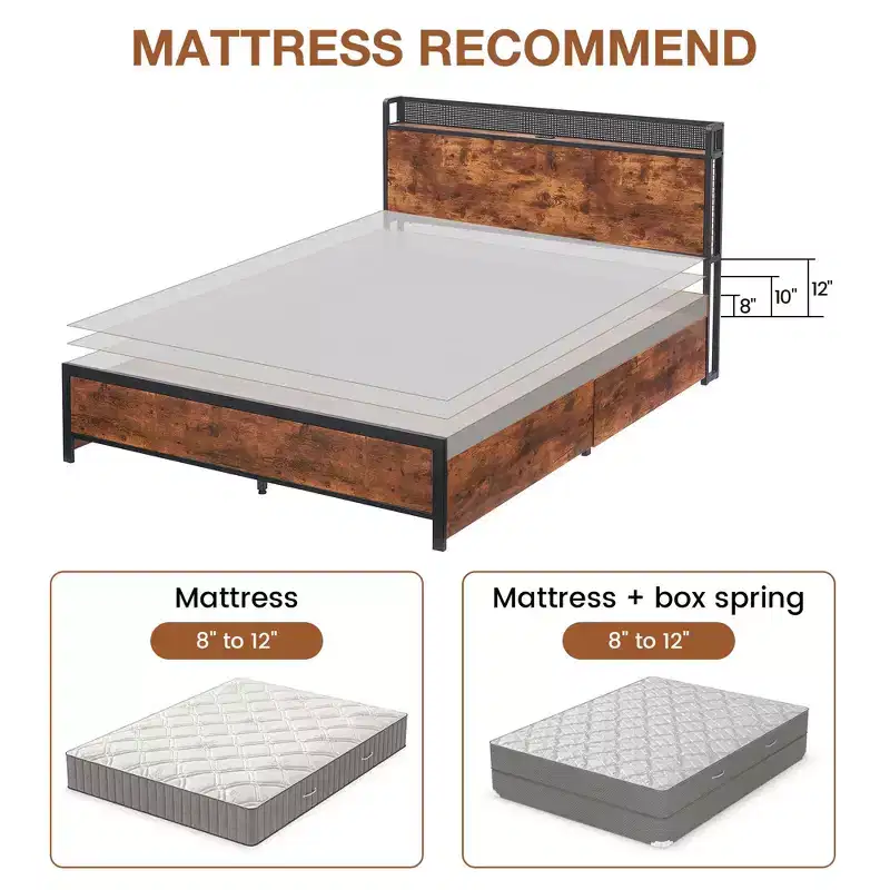 Acekool Bed Frame with Storage Drawers, LED Lights, Charging Station & Strong Wooden Slats