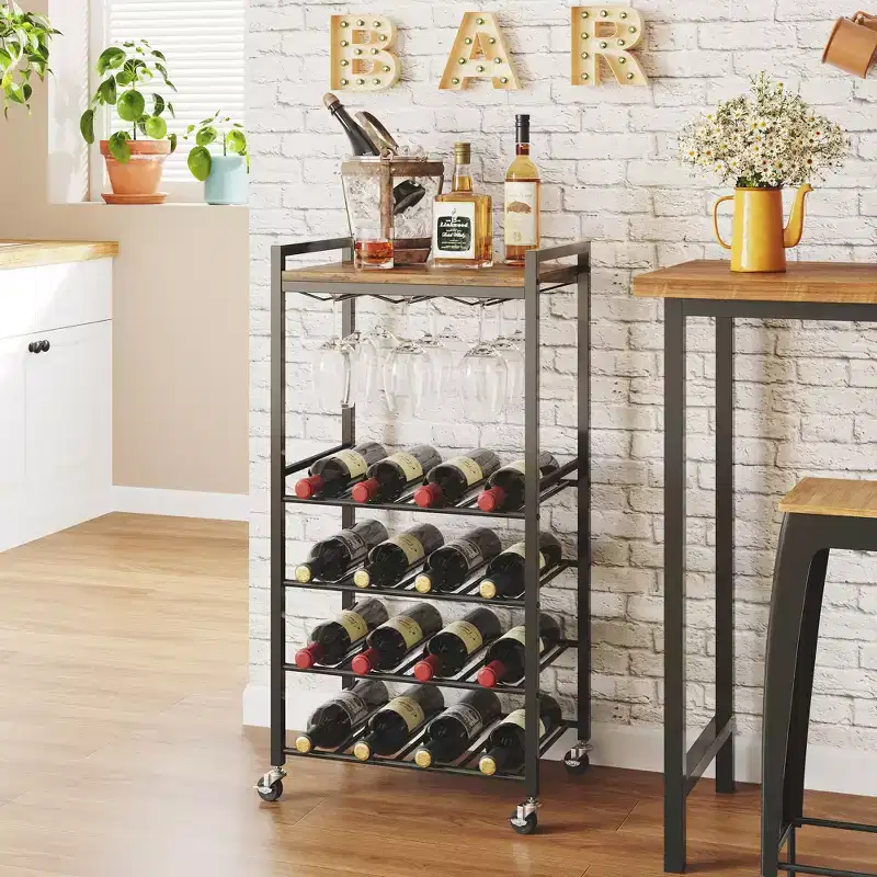 Freestanding Wine Rack with Glass Holder and Tabletop 16 Bottle Storage Rustic Brown Metal Frame