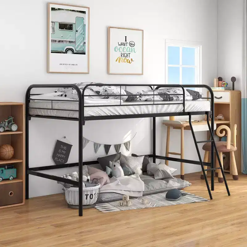 GDFStudio Dorian Modern Metal High Loft Bed Frame with Angled Ladder and Full-Length Guardrails