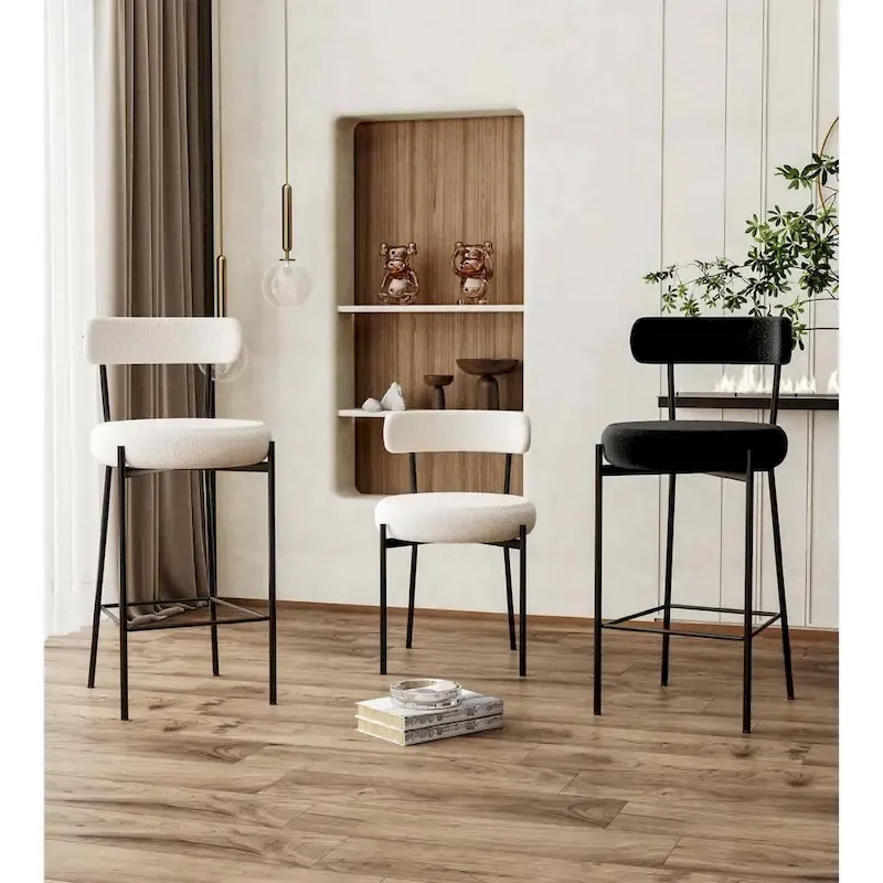 Boucle Upholstered Counter Stool with Steel Frame