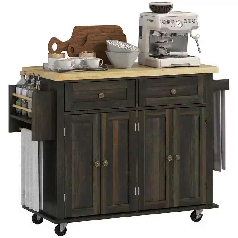 Kitchen Island on Wheels, Rolling Cart with Rubberwood Top, Spice Rack, Towel Rack and Drawers