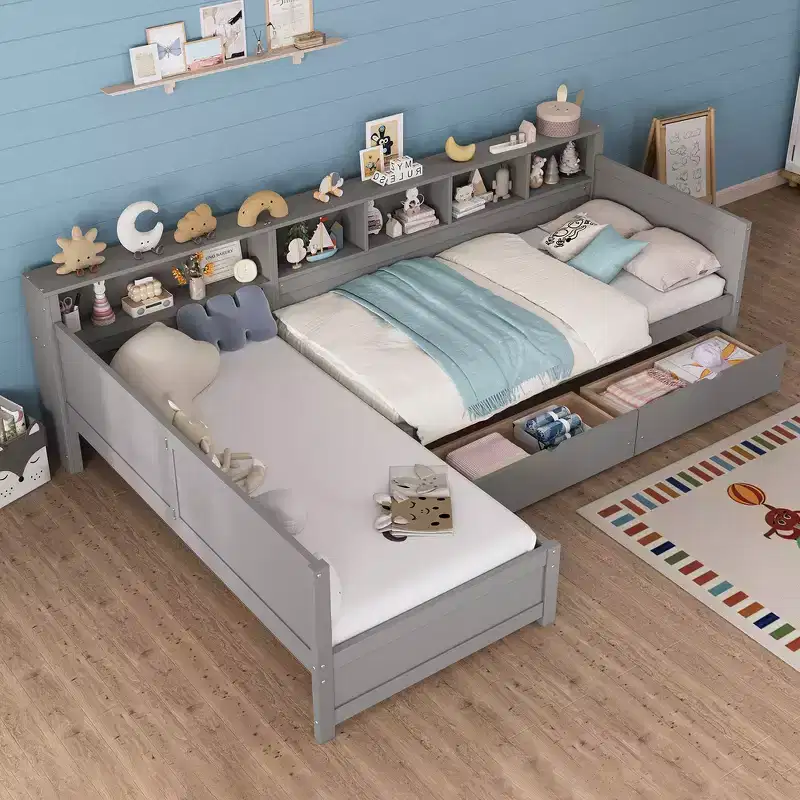 Whisen Twin L-Shape Day Bed, Wooden Corner Bed Frame with 3 Drawers, Bookshelf