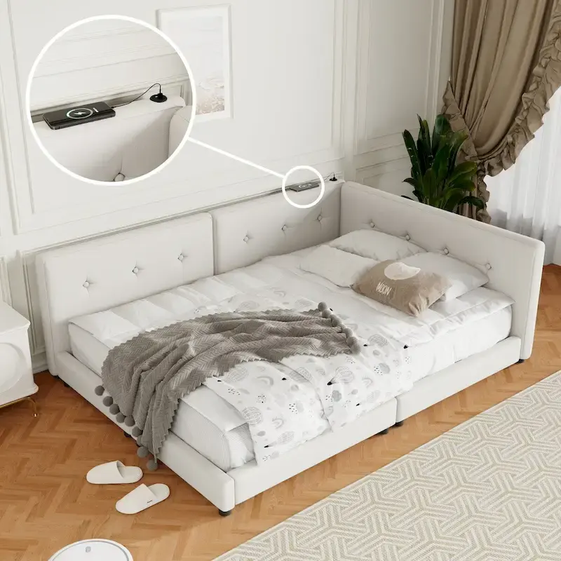 Upholstered Queen Size platform bed with USB Ports, No Box Spring Required, Easy to Assemble