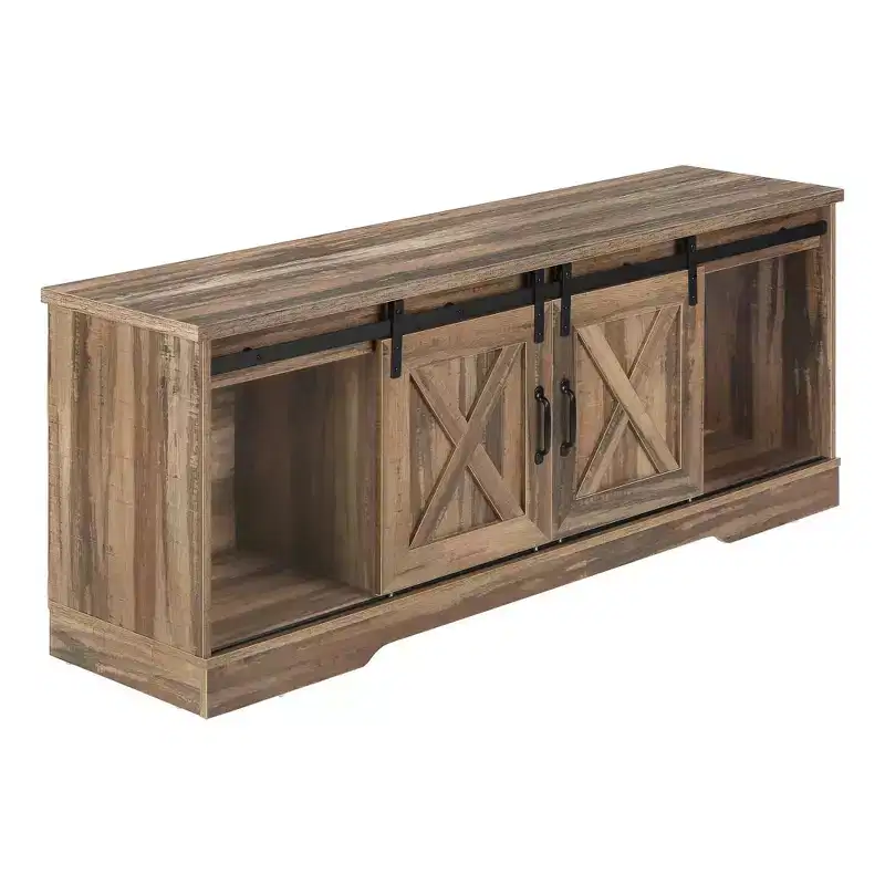 Reclaimed Wood Look TV Stand for TVs up to 60" with Barn Style Sliding Doors Brown - EveryRoom: Modern-Farmhouse Media Console