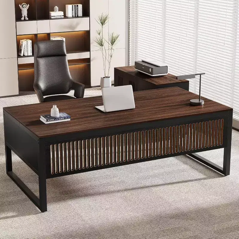 Lantine 63-Inch L-Shaped Executive Desk, Modern Large Computer Desk with Mobile File Cabinet for Home Office