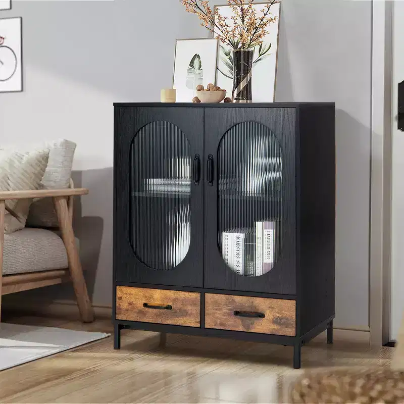 Kitchen Storage Cabinet Freestanding Buffet Sideboard with 2 Glass Doors & Drawers