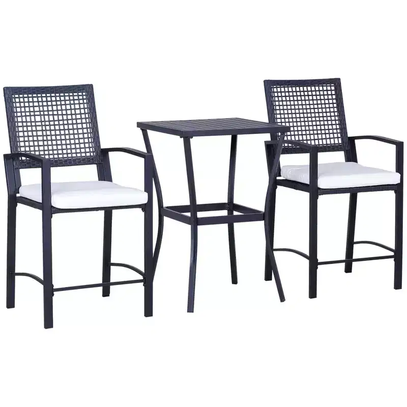 3pcs Patio Bar Set with Soft Cushion, Rattan Wicker Outdoor Furniture Set for Backyards, Lawn, Deck