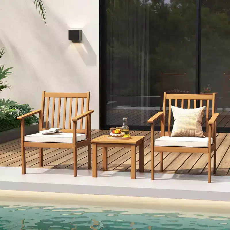 Costway 3 PCS Patio Wood Furniture Set Acacia Wood Chairs & Coffee Table with soft Cushions Grey/White