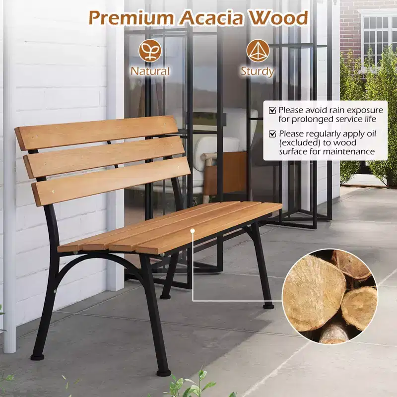 Costway Acacia Wood Patio Loveseat with Heavy Duty Metal Frame, Slatted Backrest and Seat Natural + Black