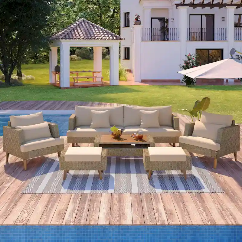 6-Pieces All Weather PE Wicker Sofa Set with Double Cushions
