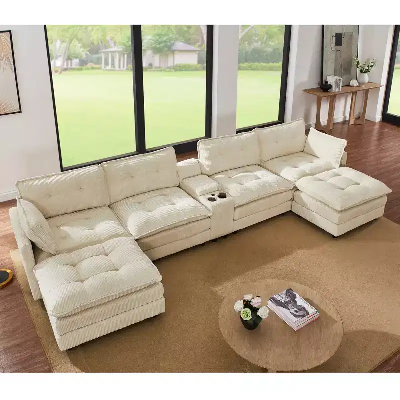 GDFStudio Ara Modern 154 U-Shaped Wooden Corduroy Upholstered Sectional Sofa with Ottoman, USB and Cup Holder