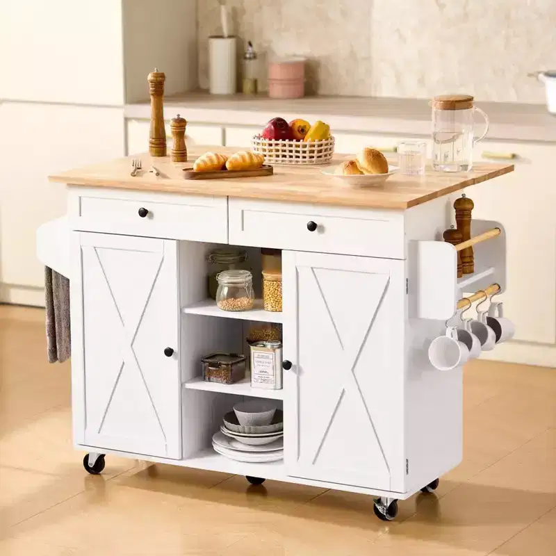 VEVOR Kitchen Island Cart, with Solid Wood Top and Storage Cabinet, Mobile Rolling Table with Drop Leaf, Drawers, 52in Width, White